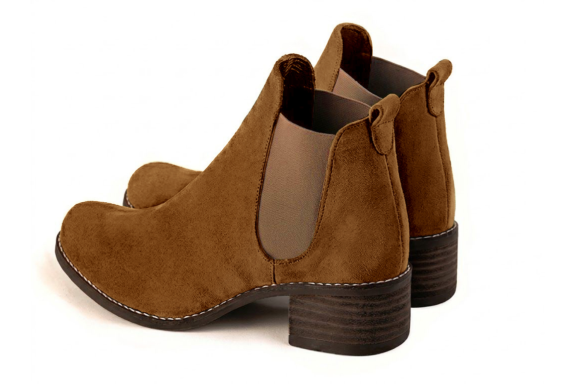Women's cognac and bronze solid-color chelsea boots with round toe and leather sole - Rear view